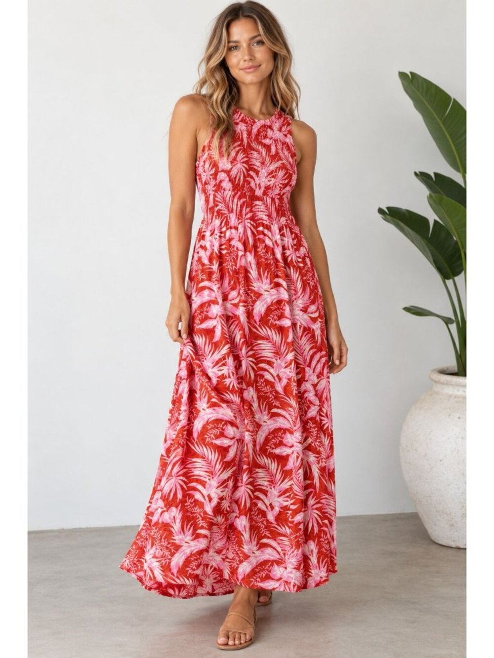 Rip Curl Sun Rays Maxi Dress Small Red Pink Tropical Smocked